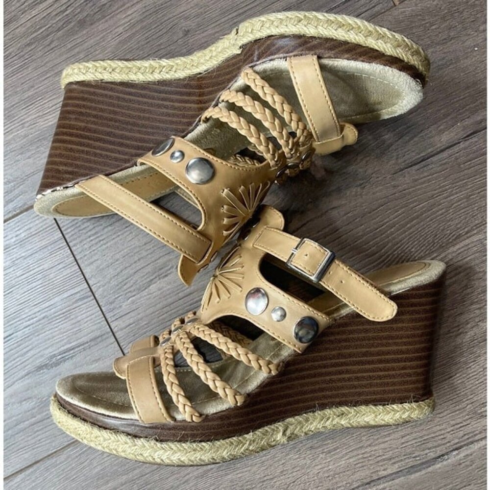 2 Lips Too Wedge Sandals Womens 8 Tan Too Rad High Heels Strappy Open Toe in Box - Picture 3 of 8